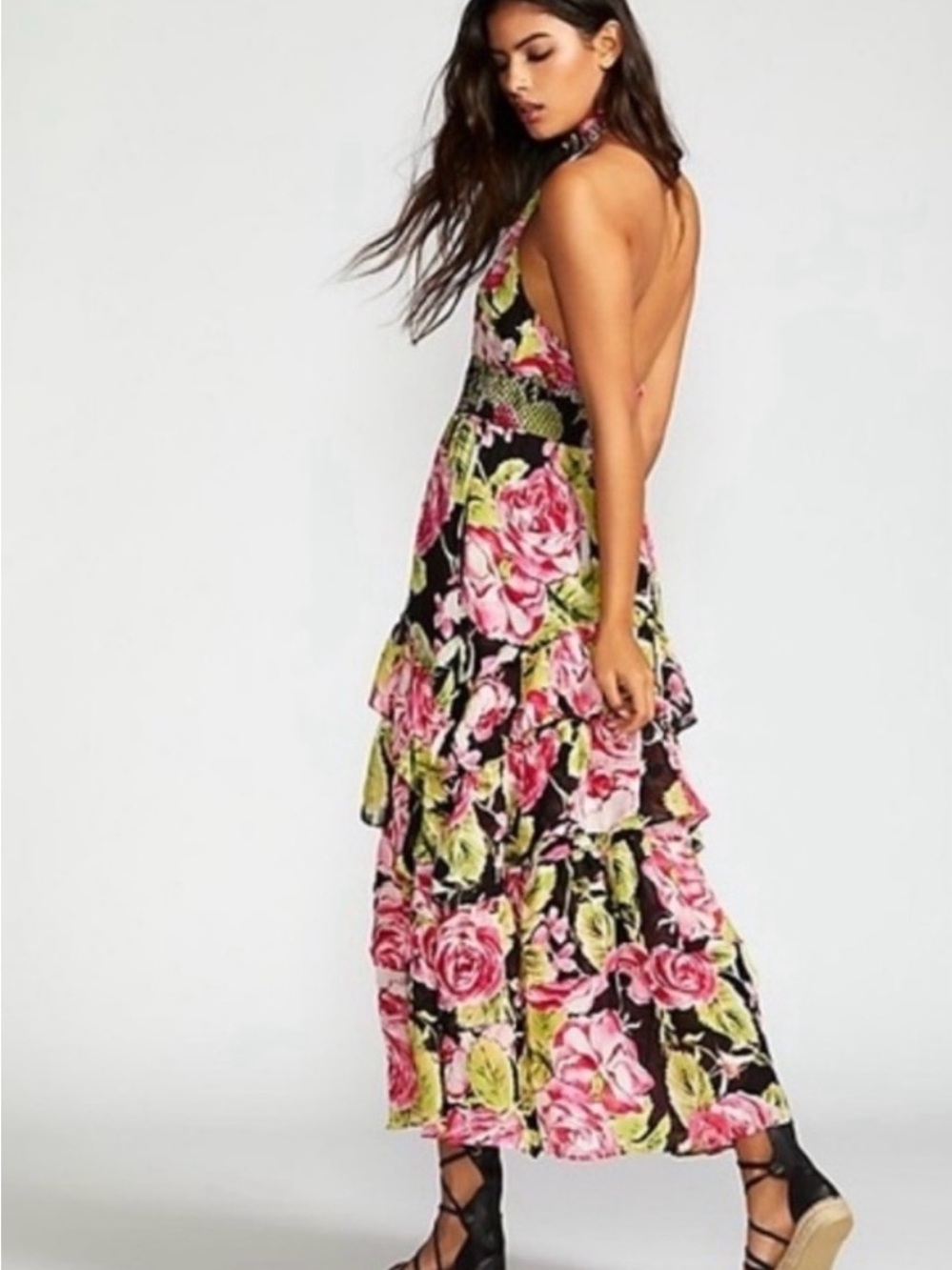Free People In Full Bloom Floral Tiered Halter Maxi Dress size M - Picture 3 of 9